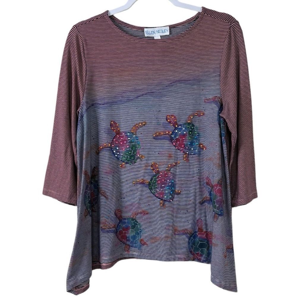 Ellen Negley Sea Turtle Print Tunic Coastal Rhinestones Lightweight Casual Sz M